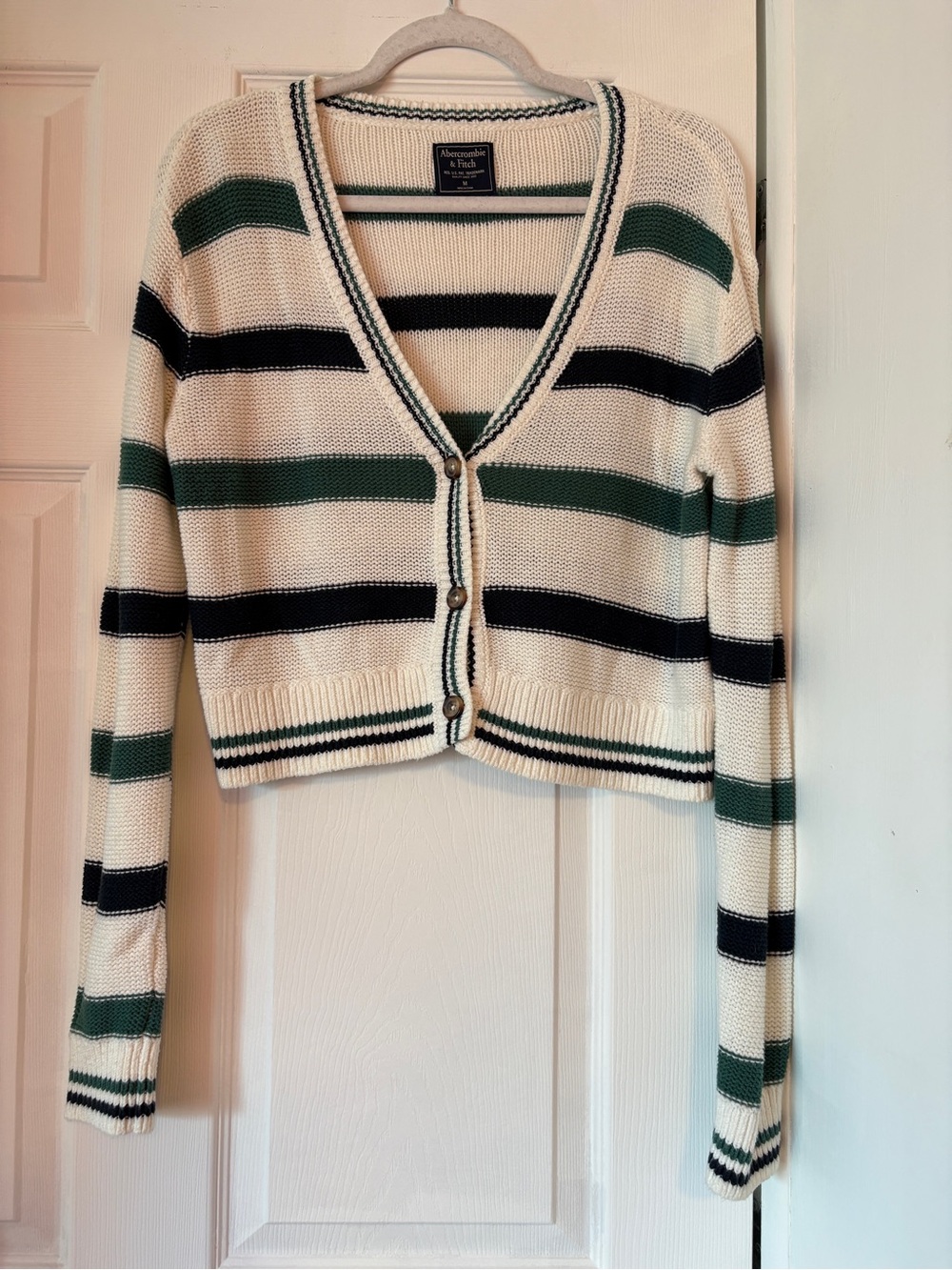 Abercrombie & Fitch V-Neck Cardigan Sweater in Cream with Blue & Green Stripes